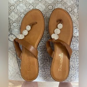 Women's Tan Embellished T-Strap Sandals